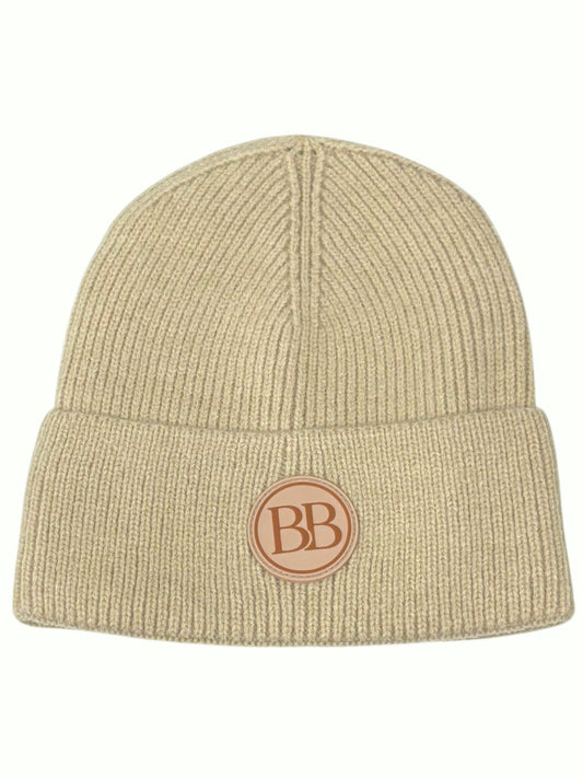 Oatmeal Classic Knit Logo Beanie, ribbed cuffed knit with a round BB logo patch