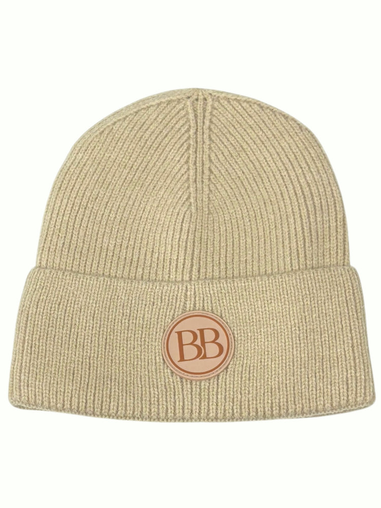 Oatmeal Classic Knit Logo Beanie, ribbed cuffed knit with a round BB logo patch