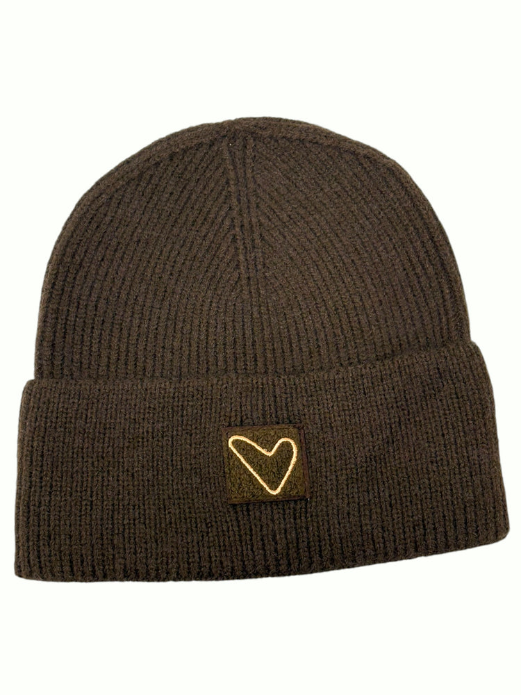Cocoa brown Sherpa Heart Beanie, ribbed cuffed knit with a heart patch