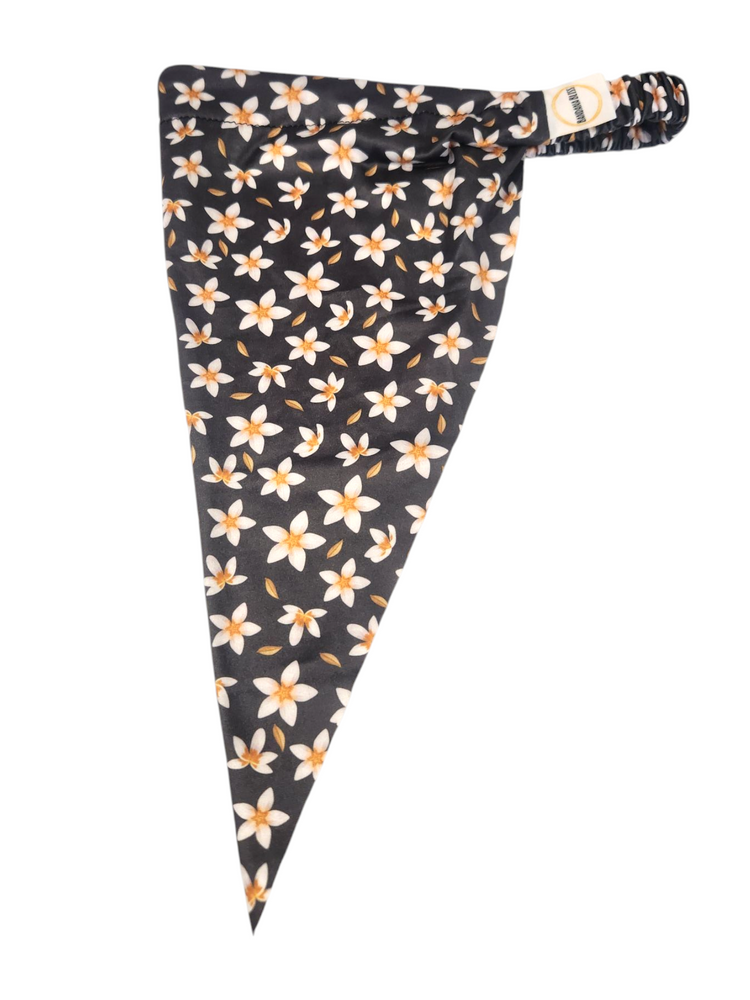 Flower Dreams pre-tied bandana laid flat, cream and peach flowers on charcoal with elastic band
