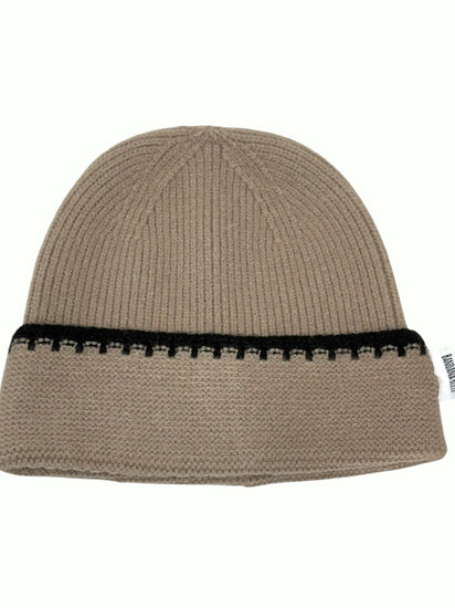Taupe and Black Contrast Stitch Knit Beanie, ribbed taupe knit with a black stitched cuff
