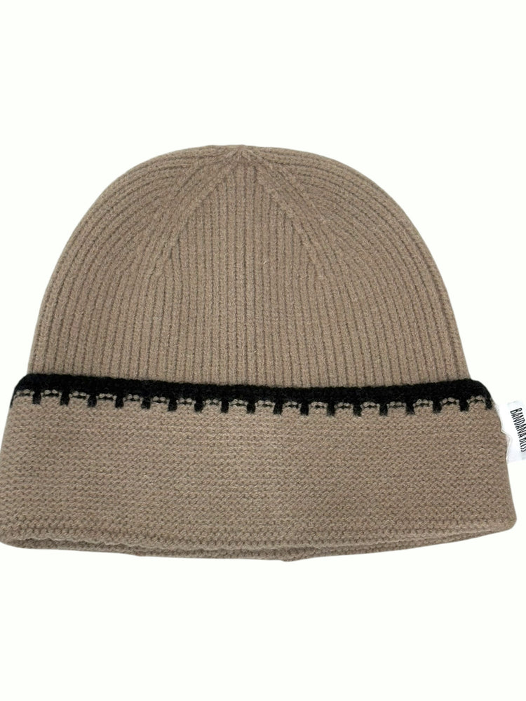 Taupe and Black Contrast Stitch Knit Beanie, ribbed taupe knit with a black stitched cuff