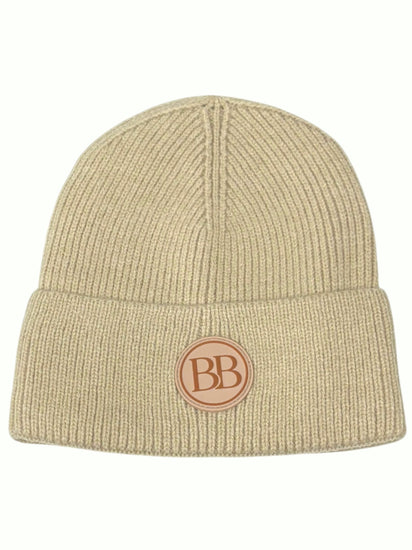 Oatmeal Classic Knit Logo Beanie, ribbed cuffed knit with a round BB logo patch