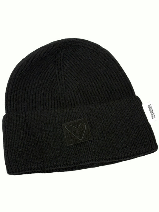 Black Sherpa Heart Beanie, ribbed knit with a cuff and a black heart patch on the front