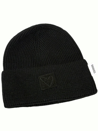 Black Sherpa Heart Beanie, ribbed knit with a cuff and a black heart patch on the front