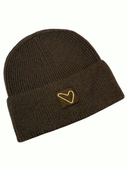 Cocoa brown Sherpa Heart Beanie from the side, showing the cuff and heart patch