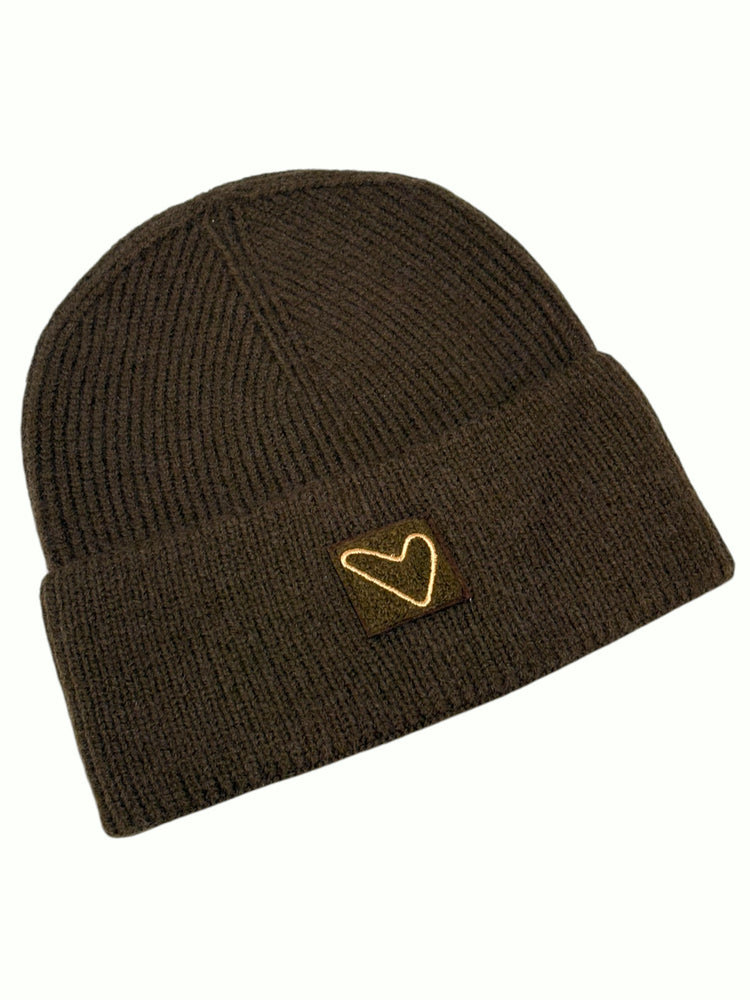 Cocoa brown Sherpa Heart Beanie from the side, showing the cuff and heart patch
