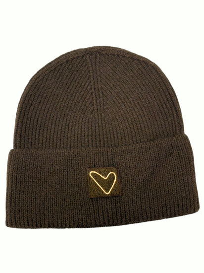 Cocoa brown Sherpa Heart Beanie, ribbed cuffed knit with a heart patch