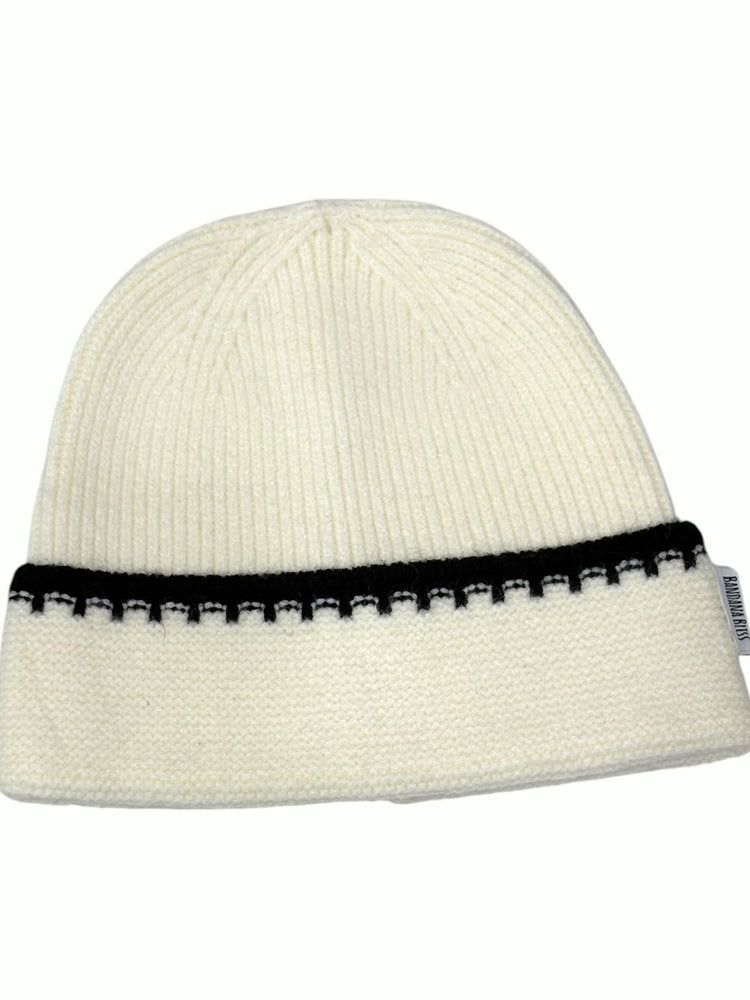 Ivory and Black Contrast Stitch Knit Beanie, ribbed ivory knit with a black stitched cuff
